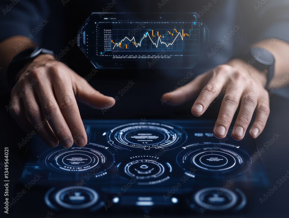Fototapete futuristic financial consultant analyzing investment data with advanced technology interface display