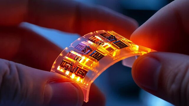 A closeup of a sectioned prototype of a wearable biosensor revealing layered components including a flexible substrate embedded electrodes and microscale biosensing elements lightly