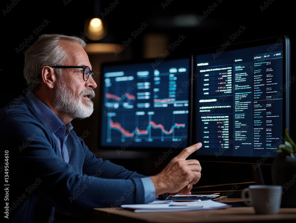 Poster focused professional analyzes financial data multiple screens, showcasing graphs and charts modern o