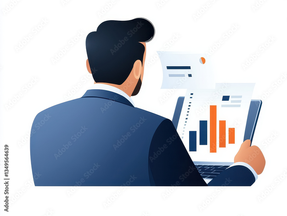 Poster professional man is focused on analyzing data displayed on laptop screen, showcasing various graphs and charts. scene conveys sense of determination and engagement in business analysis
