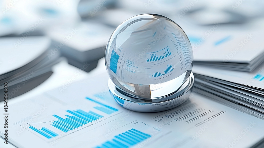 Poster crystal ball rests on stack of business reports, surrounded by various graphs and charts. scene conv