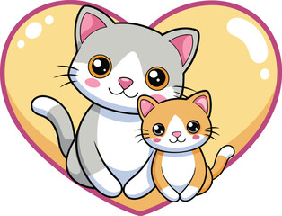 Cute Kawaii Mother and Kitten Hugging – Adorable Cartoon Cats with Heartfelt Love