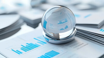 crystal ball rests on stack of business reports, surrounded by various graphs and charts. scene conveys sense of analysis and forecasting in professional environment