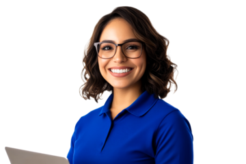 Smiling woman with glasses and dark hair in blue polo, cut out transparent