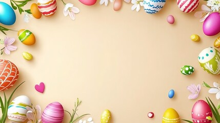 Easter banner template with colorful eggs, bunny ears, and floral motifs on beige background. Flat lay vector design with 2/3 copy space for e-commerce ads, social media promotions, and festive greeti