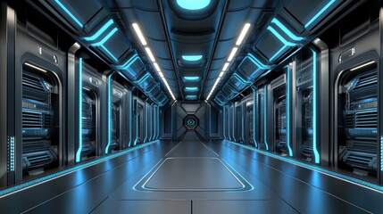 Obraz premium Interior view showing a futuristic spaceship corridor with glowing blue lights