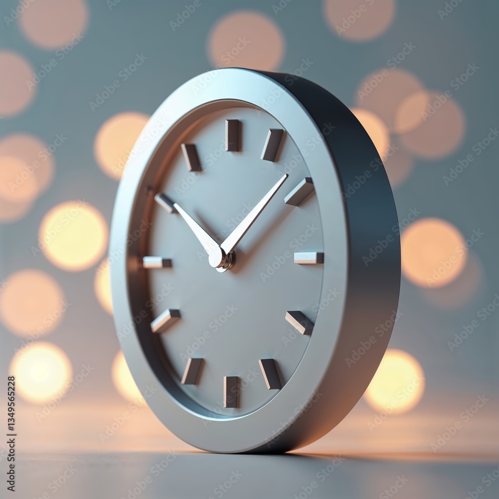 Poster modern silver wall clock displays time with soft bokeh background illuminating the design features