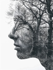 Profile of woman merging with winter forest depicting psychological state