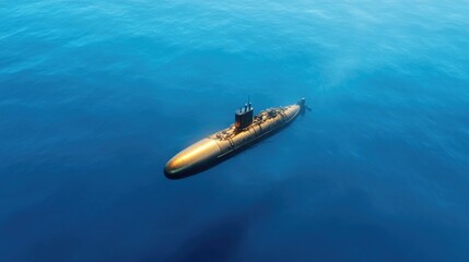 Fototapeta premium Military submarine navigates the deep blue ocean waters under bright daytime sunlight.