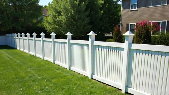 White Vinyl Fence Surrounding Suburban House with Green Lawn &ndash; Durable and Stylish Home Fencing for Privacy, Security, and Aesthetic Appeal