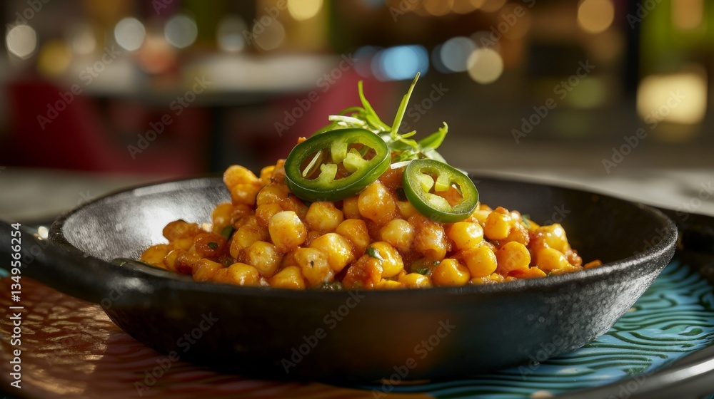 Aufkleber an artistic shot of hot cheese corn garnished with fresh jalapeos and served in a sizzling skillet, 