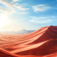 Fototapeta premium A vast desert landscape with rolling sand dunes under a bright blue sky and distant mountain range