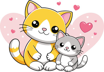 Obraz premium Cute Kawaii Mother and Kitten Hugging – Adorable Cartoon Cats with Heartfelt Love