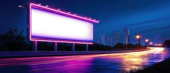 A large billboard with a vibrant pink light stands at night