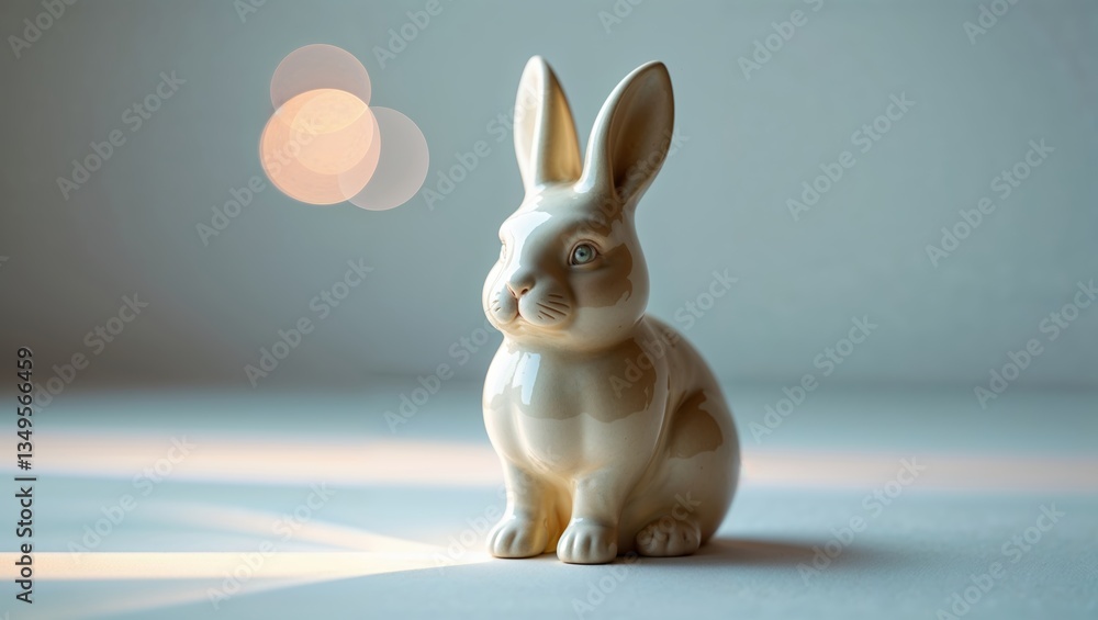 Poster ceramic rabbit figurine illuminated by soft light on a smooth surface in a tranquil indoor setting