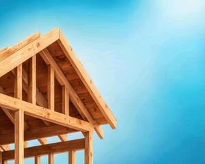 Obraz premium Blueprintstyle drawing of house under construction, closeup of wooden beams and scaffolding, concept of structural beauty