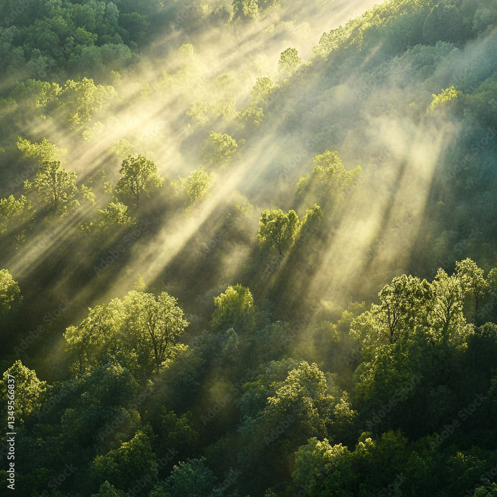Poster aerial view of a dense forest with sunlight piercing through the mist creating ethereal beams of lig
