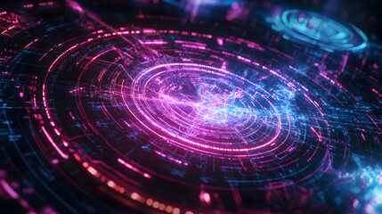 Fototapeta premium Futuristic concentric circles and neon illumination in dark surroundings
