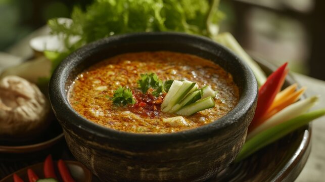 An artistic shot of Khao Mok Gai served in a traditional bowl, with a side of spicy dipping sauce and fresh vegetables, highlighting its vibrant colors and textures.