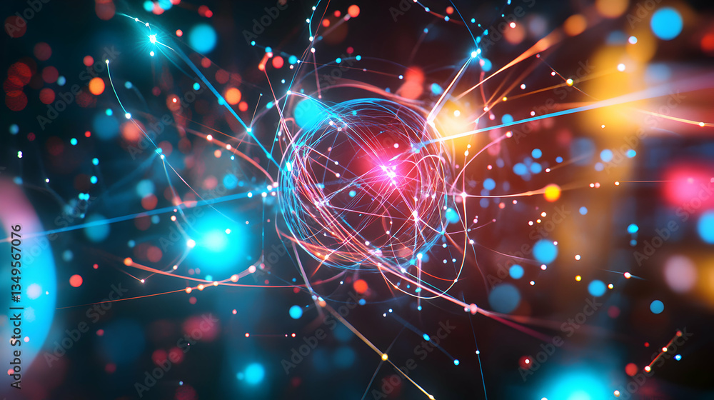 Poster energetic glowing particle trails form a vibrant spherical network structure