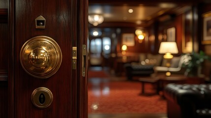 Obraz premium Luxury hotel interior door opening to a warm lounge