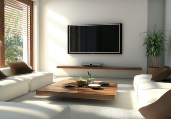 Modern living room with flat-screen TV, wooden coffee table, and white sofas.