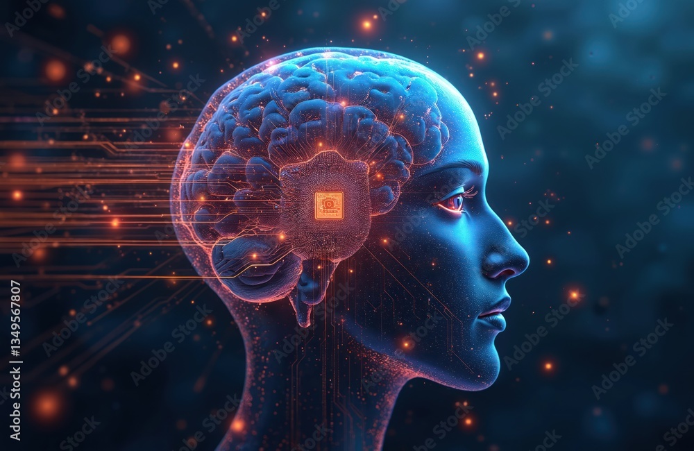 Poster illustration concept of artificial intelligence, futuristic cyborg brain. cpu central processor unit