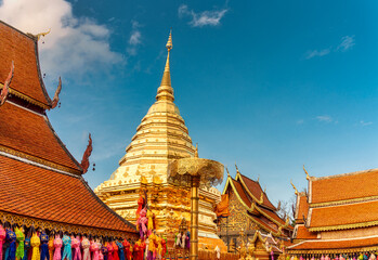 Wat Phra That Doi Suthep with golden pagoda in famous temple on Doi Suthep at Chiang Mai, Thailand