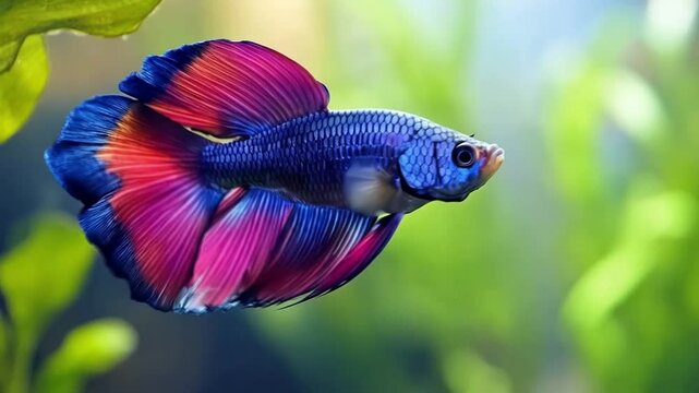 A blue and pink fish swims in green plants. Smooth repeating motion for background video animation.
