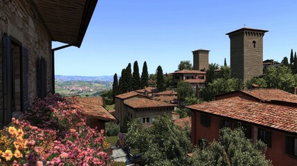 Italian village vista from a rooftop, charming homes, towers in background, sunny day