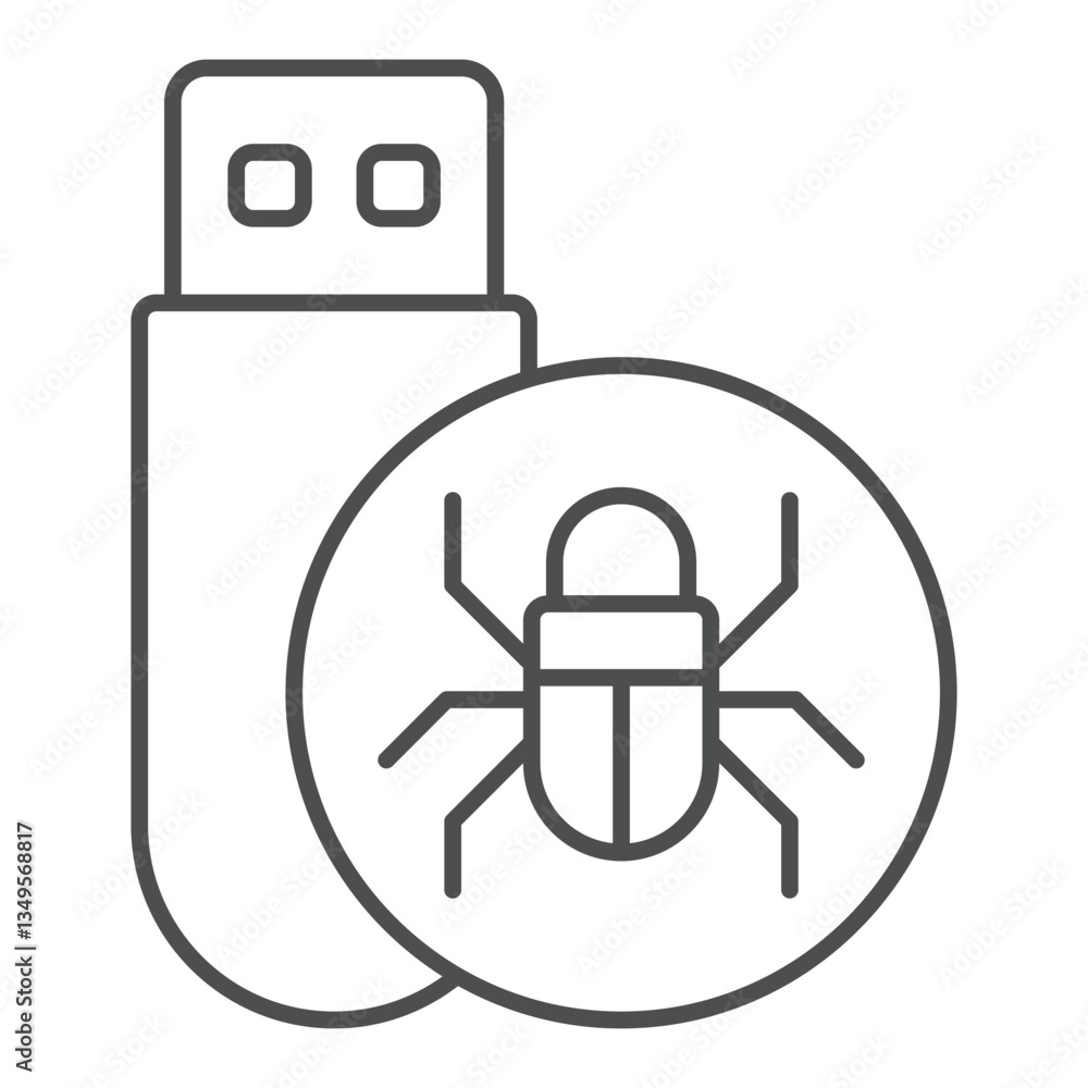 Poster flash drive with virus thin line icon, hacker attacks concept. vector graphics. hacker exploit, bug 