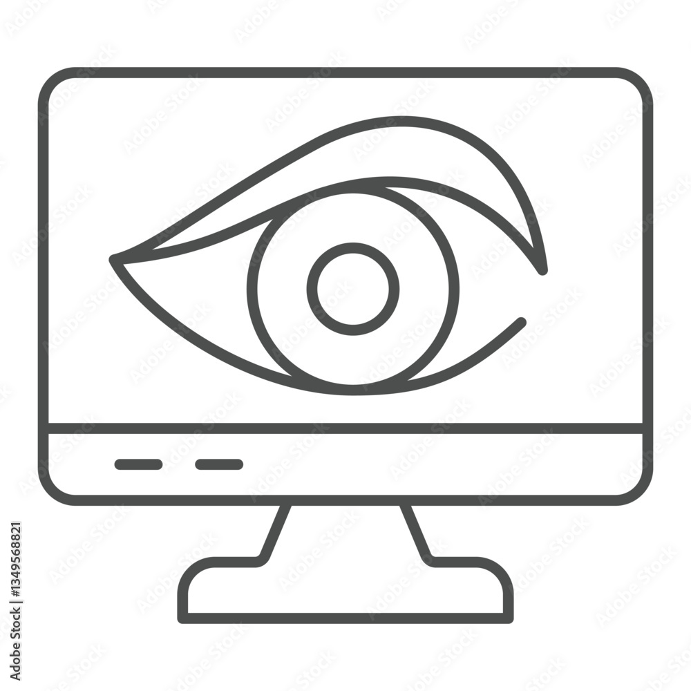 Poster monitor screen with human eye thin line icon, hacker attacks concept. vector graphics. display and a