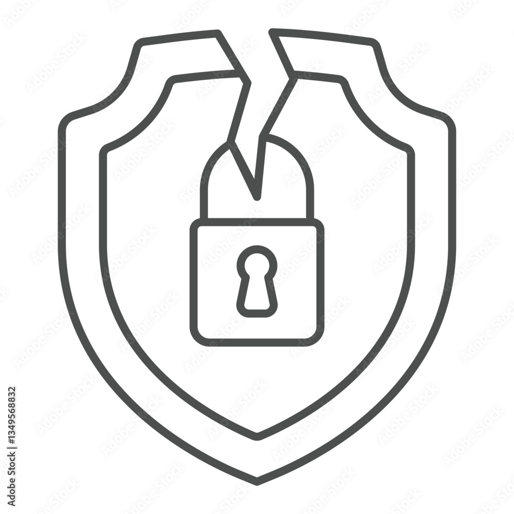 Poster cracked shield with lock thin line icon, hacker attacks concept. vector graphics. lock on emblem wit