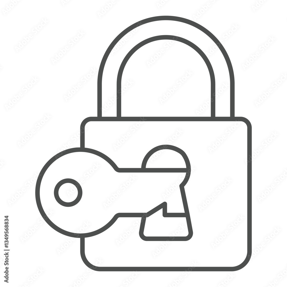 Poster lock with key in keyhole thin line icon, hacker attacks concept. vector graphics. unlocking lock, pr