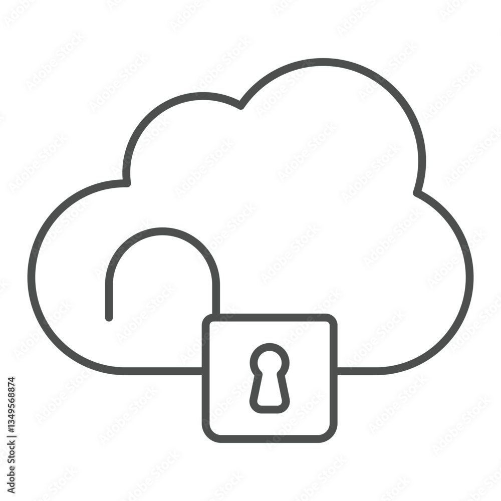 Fototapete Unsecure cloud storage thin line icon, hacker attacks concept. Vector graphics. Cloud with unlocked lock sign on white background, outline style icon for mobile or web design.