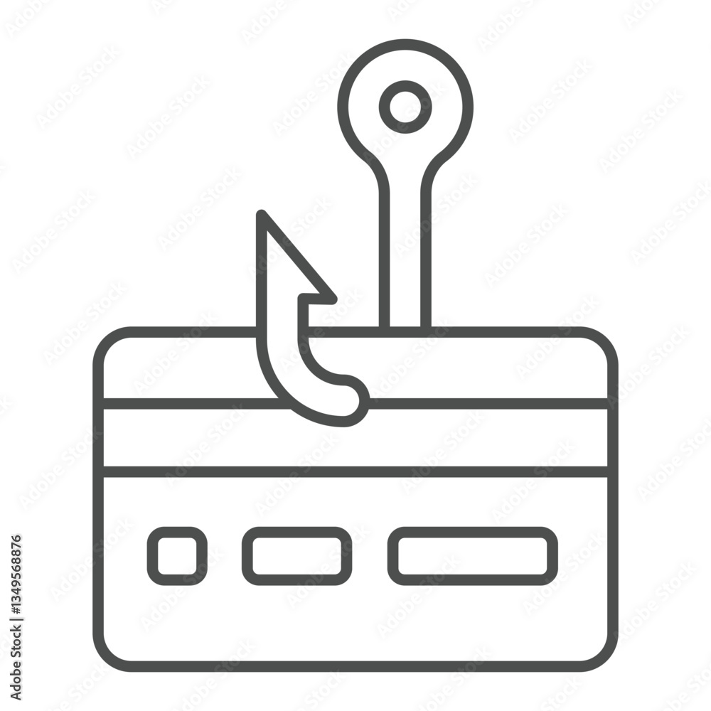 Poster credit card with hook thin line icon, hacker attacks concept. vector graphics. unsecure fraud trick 