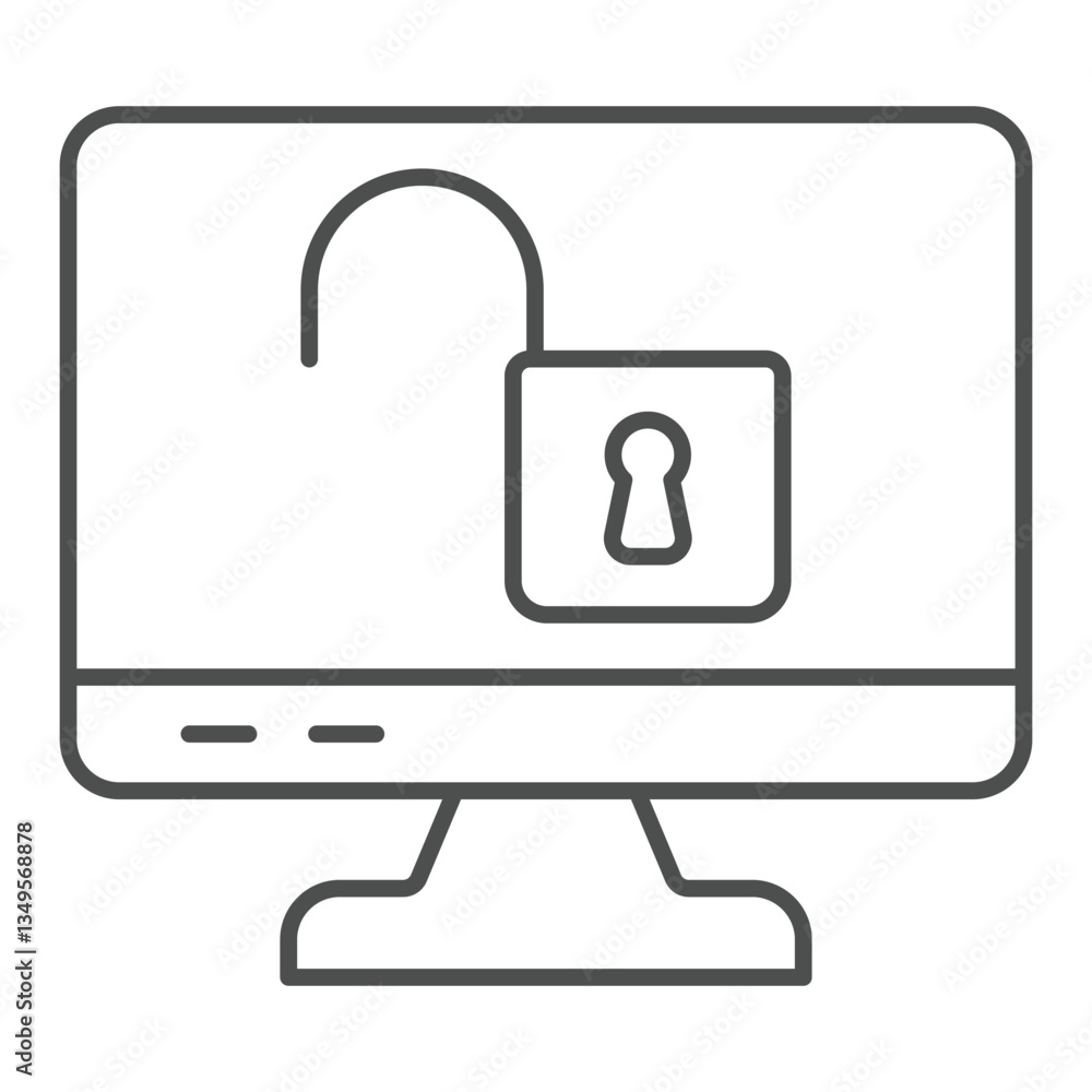 Fototapete Monitor with unlocked lock thin line icon, hacker attacks concept. Vector graphics. Display unlocked, screen protection sign on white background, outline style icon for mobile or web design.