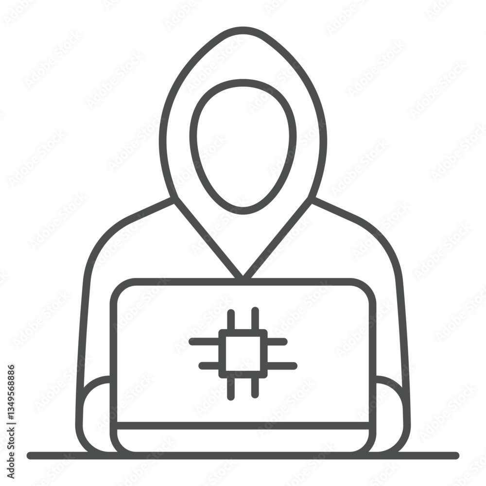 Poster hacker working at laptop thin line icon, hacker attacks concept. vector graphics. it criminal man wi