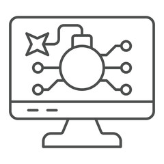 Monitor screen with bomb thin line icon, hacker attacks concept. Vector graphics. Bomb burning wick on display sign on white background, outline style icon for mobile or web design.