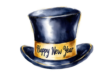 Elegant watercolor painting of a New Year's Eve top hat