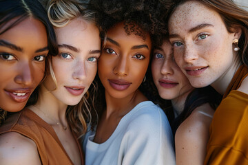 Obraz premium Close up of four diverse women's faces pressed together. Represents diversity, inclusion, unity, and beauty across cultures. Suitable for themes related to multiculturalism,, and women empowerment