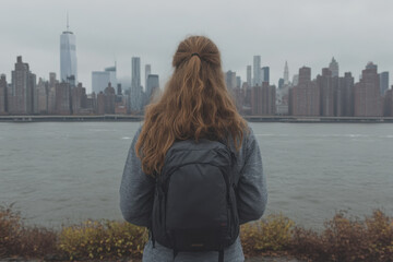 A woman with long hair is standing on a bridge overlooking a body of water