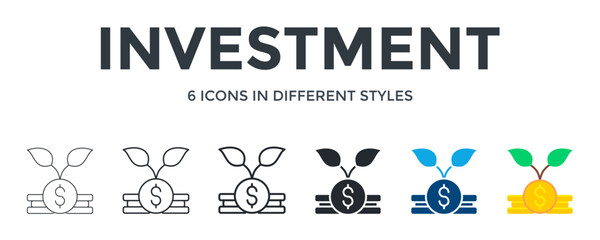 Investment Icon In Different Style Vector Illustration. Designed In Thin Line, Regular Line, Bold Line, Glyph, Color Fill, And Flat Style Can Be Used For Web