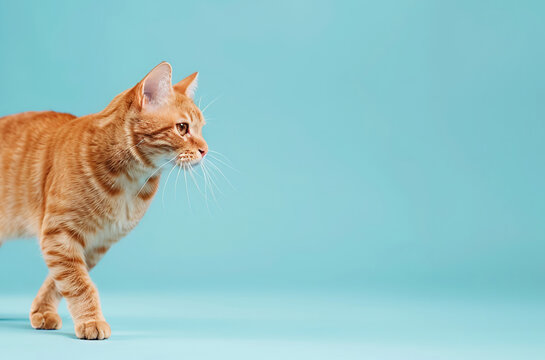 Orange tabby cat walking on teal background, concept: pets, animals, domestic, feline, lifestyle
