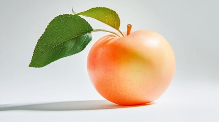Delicate peach-toned apple with lush leaves against a serene backdrop