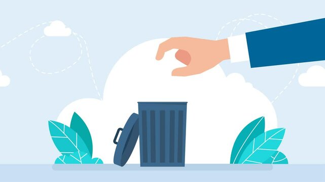 Flat cartoon design. Hand throwing dollar USD currency away trash can toss. Gold dollar coins fall. The hand throws dollar coin into the trash can. 2d flat bright animation	
