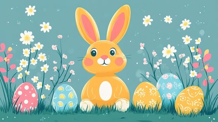 An orange - yellow bunny sitting on the grass surrounded by flowers and Easter eggs, a lovely scene perfect for Easter - themed designs, greeting cards, and children's materials.