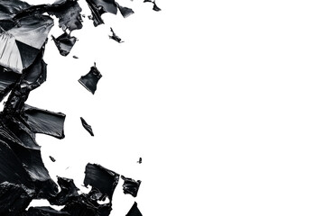 Broken glass pieces on black, glossy shards, dark background, cut out transparent