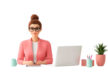 Cartoon woman working at desk with laptop, cut out transparent