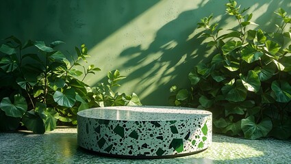 Green Terrazzo Display Platform with Lush Foliage &ndash; Modern Botanical Aesthetic